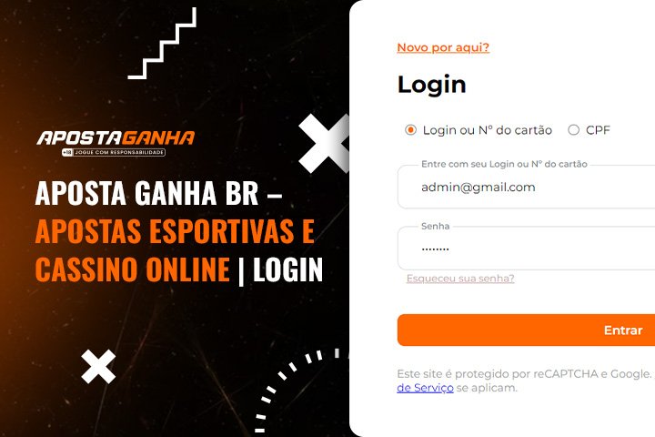 Página de login do site Aposta Ganha BR, um site de apostas esportivas e cassino online, com um fundo escuro e detalhes em laranja e branco, incluindo campos para inserir login ou número do cartão e senha.