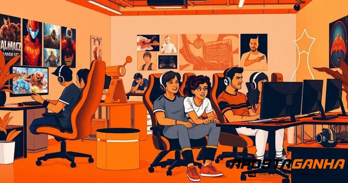 Ilustração detalhada de um ambiente de jogos e design criativo, com pessoas interagindo em computadores modernos. No centro, um grupo de três pessoas, duas delas usando fones de ouvido e outra apontando para a tela, sugere um momento de colaboração ou diversão. Todos estão sentados em cadeiras ergonômicas laranja e preta. À esquerda, outro indivíduo concentra-se em seu computador, com imagens de super-heróis e jogos penduradas na parede atrás dele, incluindo pôsteres vibrantes. No fundo, uma parede laranja exibe quadros e artes diversas. À direita, outros participantes estão focados em suas telas, enquanto plantas e decoração minimalista completam o ambiente com um toque moderno e acolhedor. A logo 'Aposta Ganha' está no canto inferior direito com a mensagem 'Jogue com responsabilidade'.