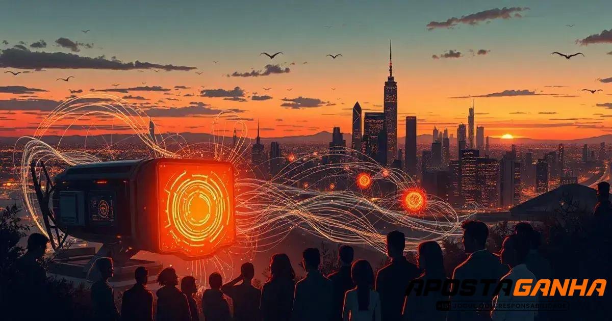 Ilustração de uma cidade futurista ao entardecer, com um céu laranja e um grupo de pessoas observando um dispositivo tecnológico flutuante à esquerda, emitindo luzes alaranjadas e padrões de energia circular. Linhas de energia brilhante parecem se conectar do dispositivo até a cidade ao fundo, simbolizando algum tipo de transmissão ou interação. O horizonte mostra arranha-céus altos e modernos, com destaque para edifícios icônicos sob um céu repleto de pássaros em voo. A imagem transmite um clima de avanço tecnológico e interação humana com máquinas futurísticas. Logotipo 'APOSTA GANHA' aparece no canto inferior direito.