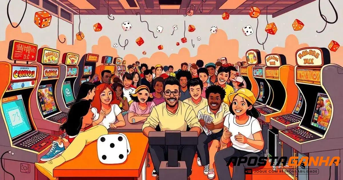 Ilustração de um ambiente de jogos animado, repleto de pessoas de diversas idades e etnias sorrindo e interagindo em meio a uma sala de arcade com máquinas caça-níqueis coloridas e máquinas de jogos. No centro, um homem barbudo de óculos segura fichas, cercado por amigos animados e jogadores engajados. Dados gigantes voam pelo ar, suspensos em cabos ou em movimento, contribuindo para a atmosfera vibrante e divertida. A decoração do local é cheia de cores quentes, como tons de laranja e amarelo, destacando a diversão. No canto inferior direito, aparece a logo 'APOSTA GANHA'."

